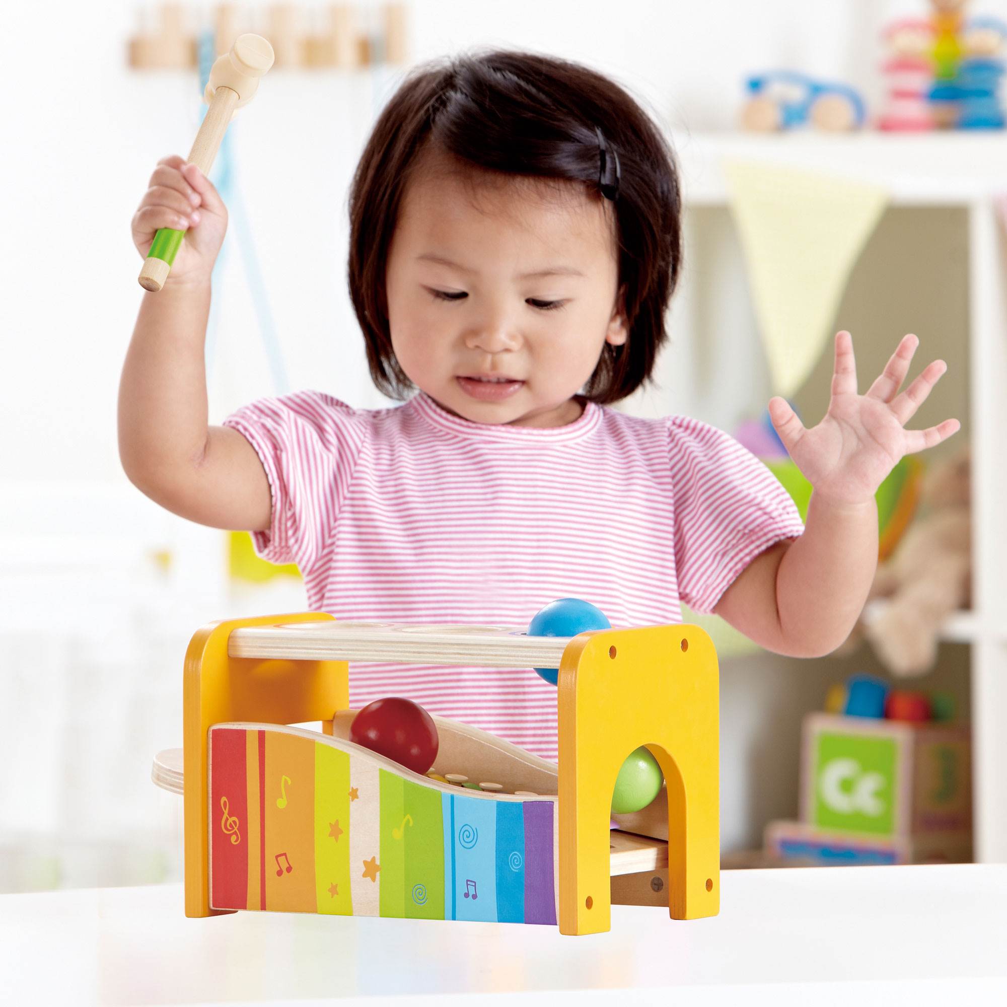 Hape Kids Wooden Musical Instrument Rainbow Pound and Tap Bench with Xylophone