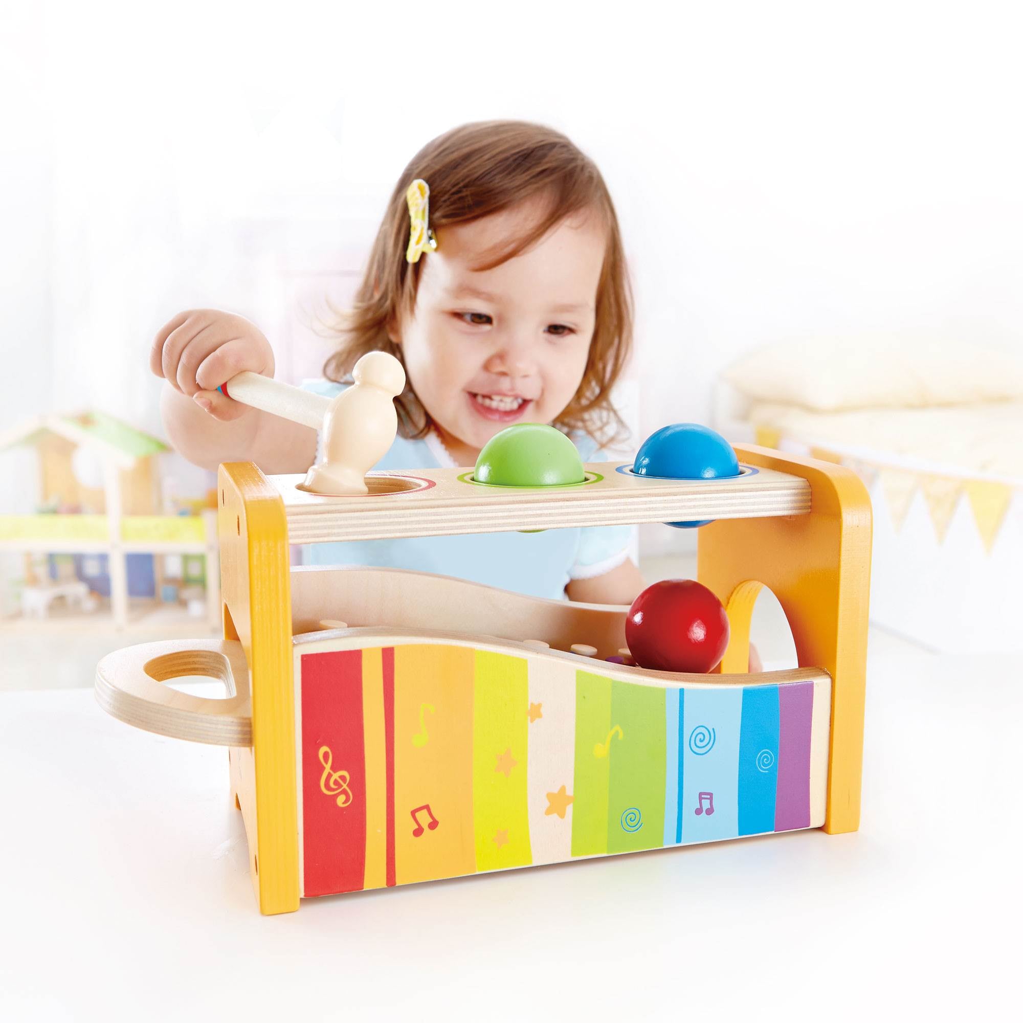 Hape Kids Wooden Musical Instrument Rainbow Pound and Tap Bench with Xylophone