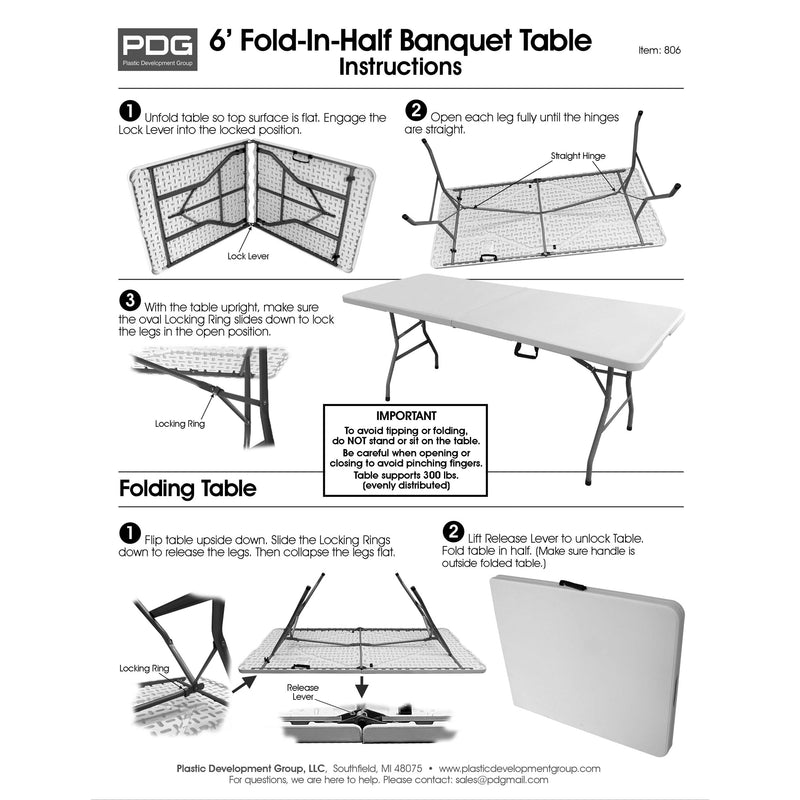 Plastic Development Group 6 Foot Fold In Half Folding Banquet Table, White - VMInnovations
