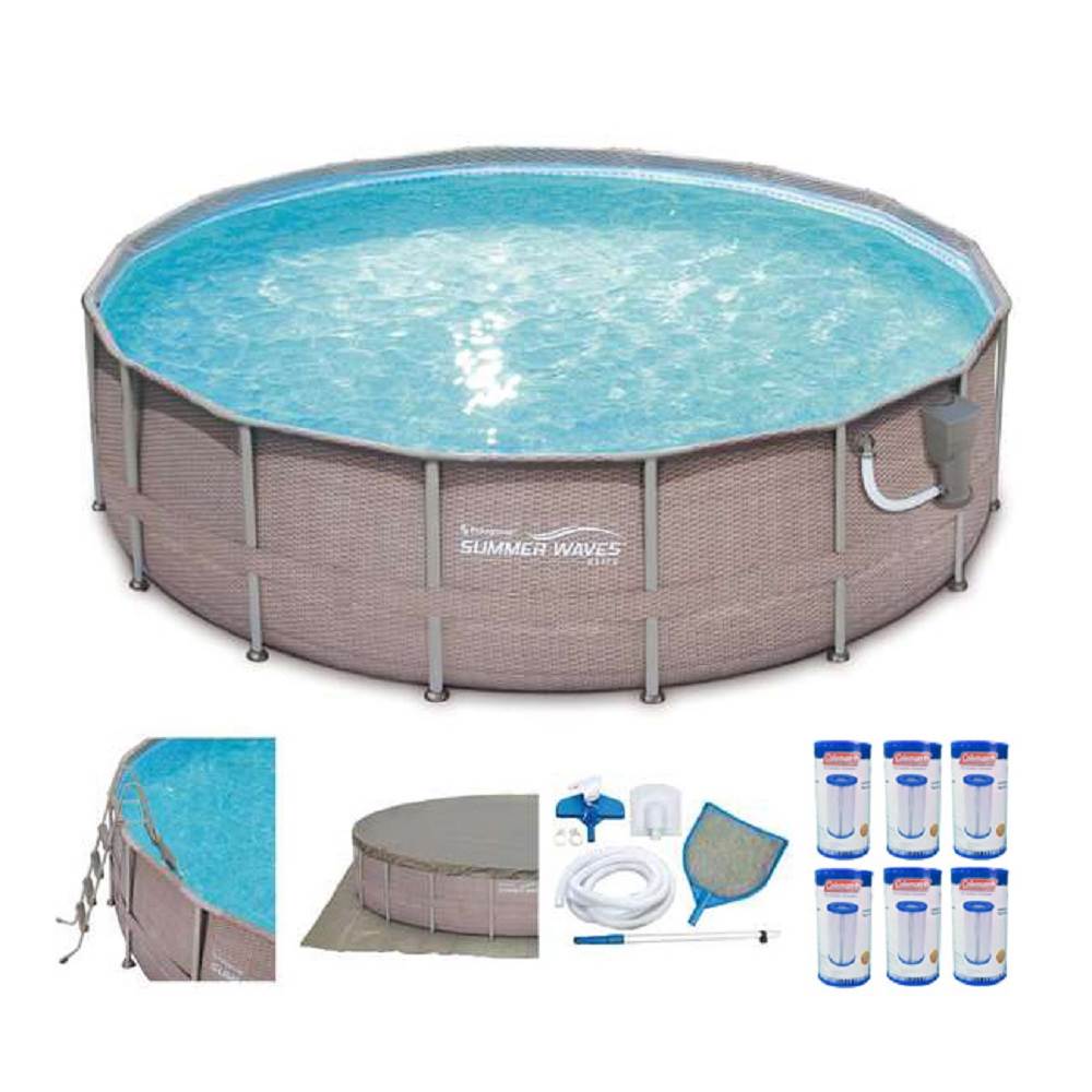 Summer Waves 16in x 48in Elite Wicker Above Ground Pool Set + Pump, 6 Cartridges