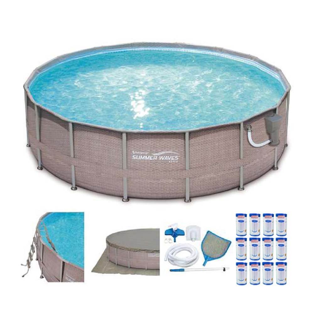 Summer Waves Elite Wicker Print 16'x4' Above Ground Pool + Pump + 12 Cartridges