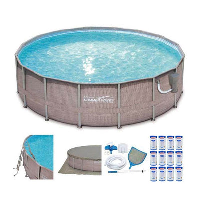 Summer Waves Elite Wicker Print 16'x4' Above Ground Pool + Pump + 12 Cartridges