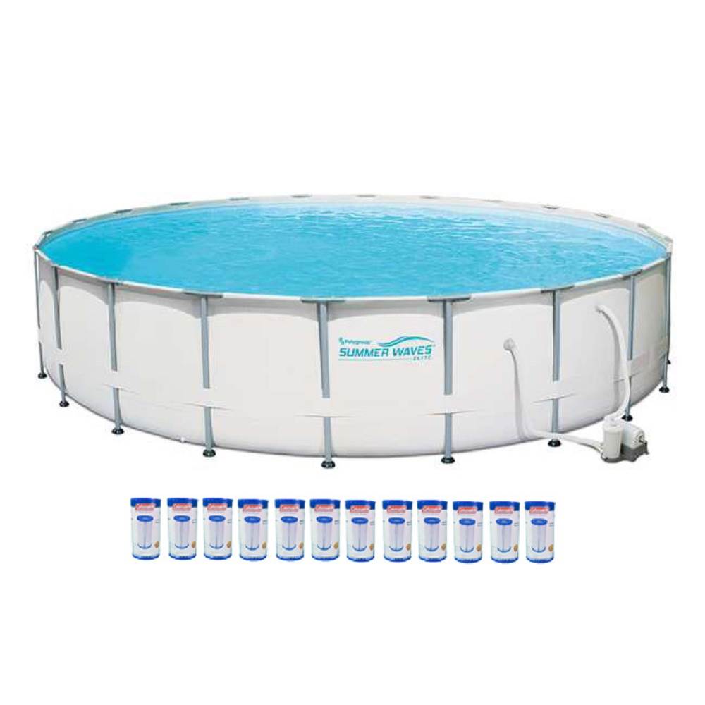 Summer Waves Elite 22' Metal Frame Above Ground Pool Set & Pump & 12 Cartridges