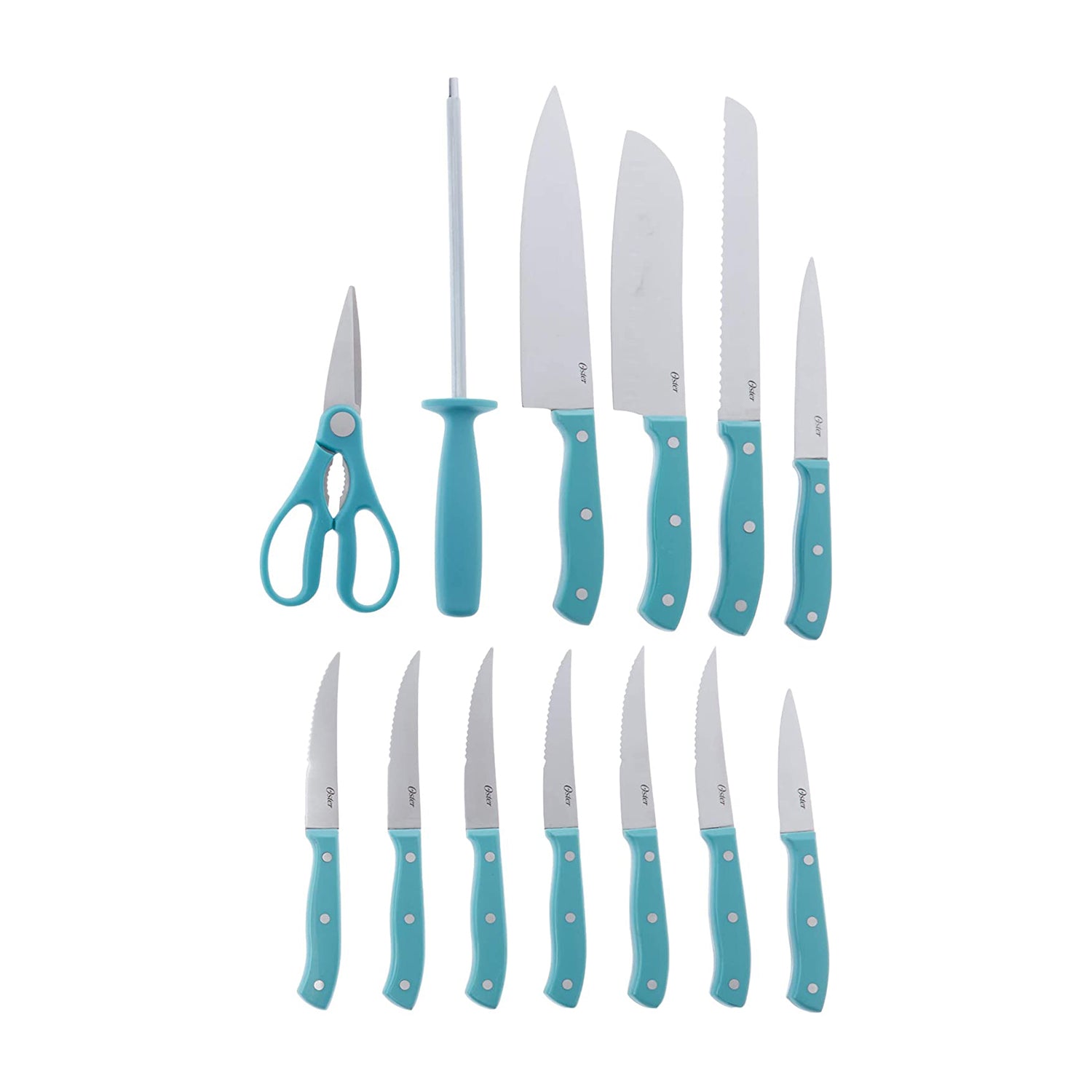 Oster Evansville 14 Piece Stainless Steel Kitchen Knife Cutlery Set, Turquoise - VMInnovations
