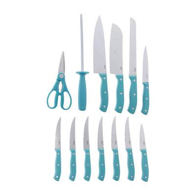 Oster Evansville 14 Piece Stainless Steel Kitchen Knife Cutlery Set, Turquoise