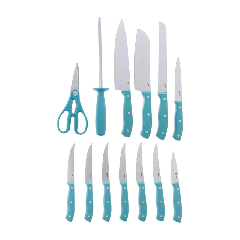 Oster Evansville 14 Piece Stainless Steel Kitchen Knife Cutlery Set, Turquoise