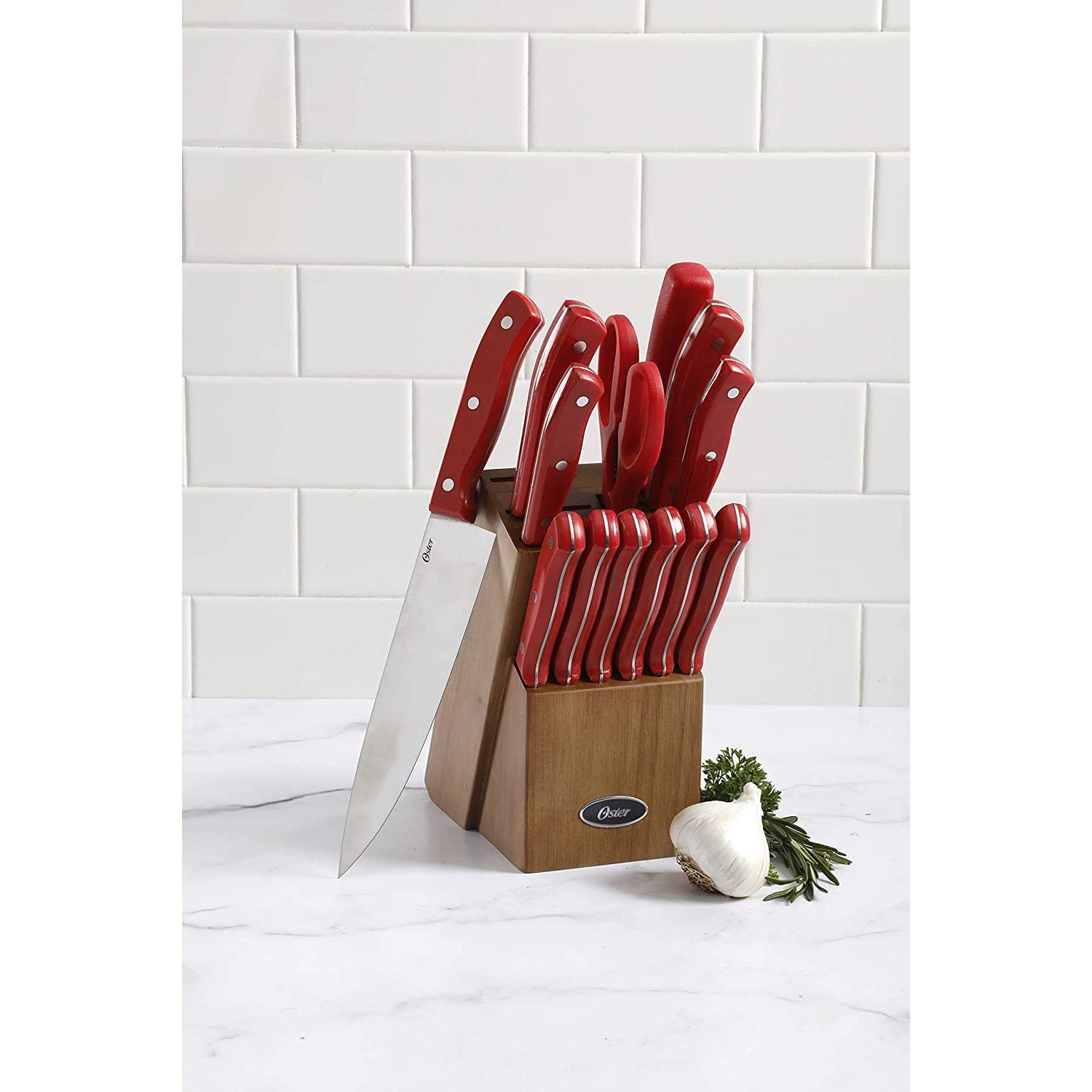Oster Evansville 14 Piece Stainless Steel Knife Cutlery Set, Red/Wood (Open Box)