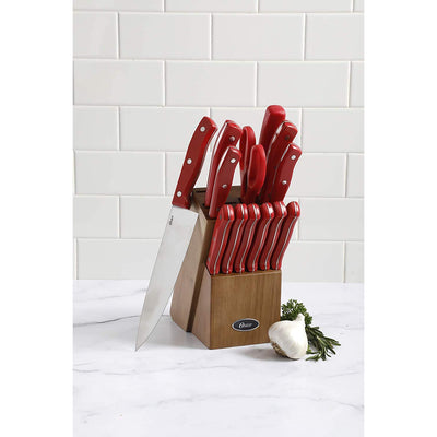 Oster Evansville 14 Piece Stainless Steel Knife Cutlery Set, Red/Wood (Open Box)
