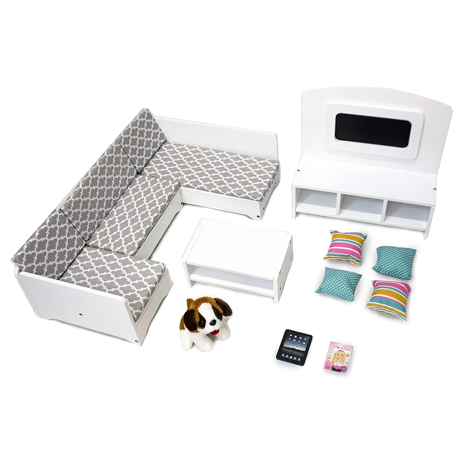 Playtime by Eimmie Wood Sectional Sofa Set w/Accessories for 18" Dolls(Open Box) - VMInnovations