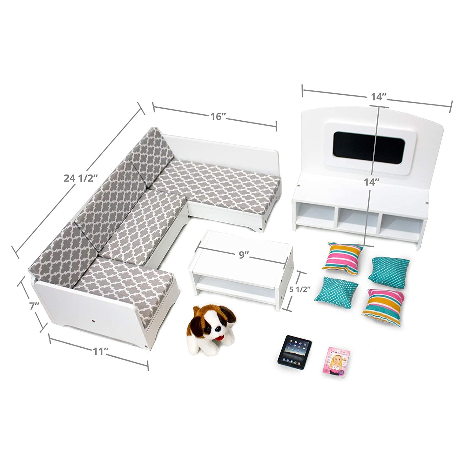 Playtime by Eimmie Wood Sectional Sofa Set w/Accessories for 18" Dolls(Open Box) - VMInnovations