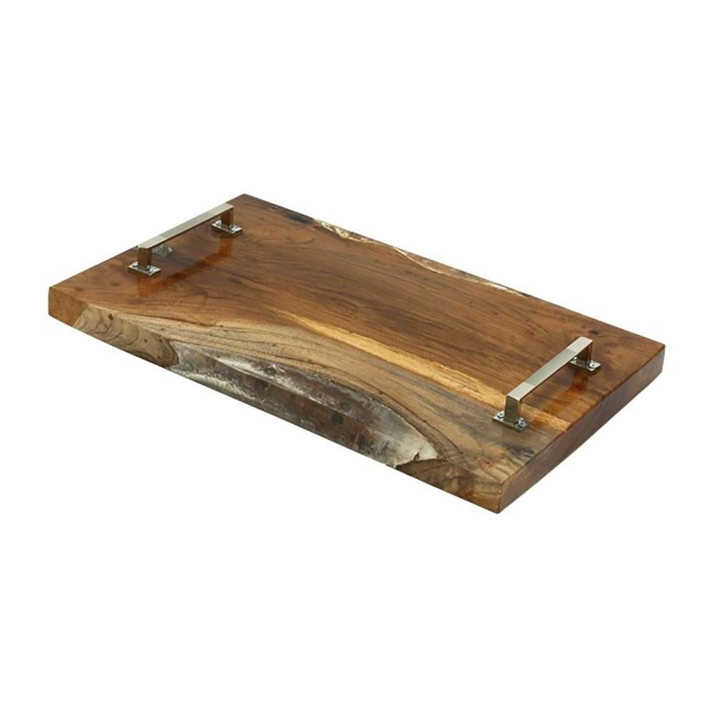 Deco 79 20x12x3" Rustic Natural Teak & Resin Metal Handle Serving Tray(Open Box)