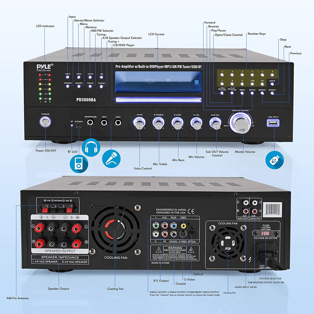 Pyle PD3000BA Home Theater Preamplifier Bluetooth Audio & Video Stereo Receiver - VMInnovations