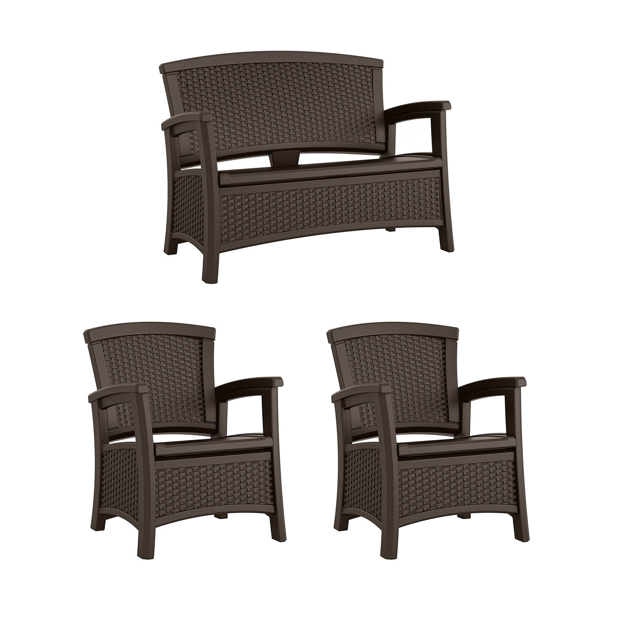 Suncast Elements Wicker Design Loveseat with Storage + Club Chair, Java (2)