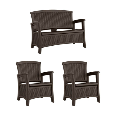 Suncast Elements Wicker Design Loveseat with Storage + Club Chair, Java (2)