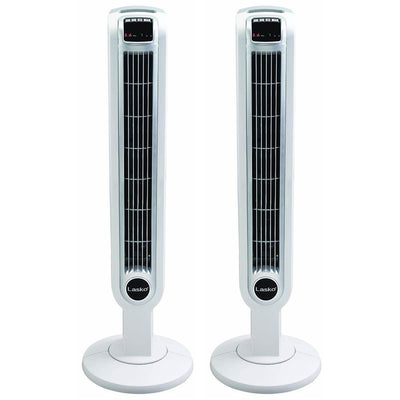 Lasko 36" 3 Speed Programmable Oscillation Tower Fan w/ Remote, White (2 Pack)