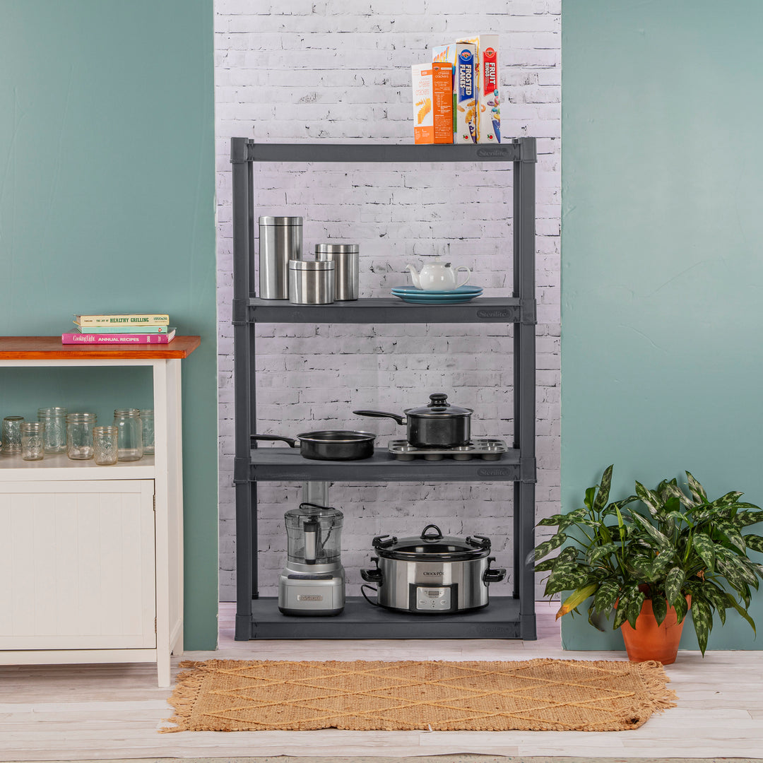 Sterilite Plastic Shelf Storage Organizing Unit with 4 Shelves, Gray, 3 Pack