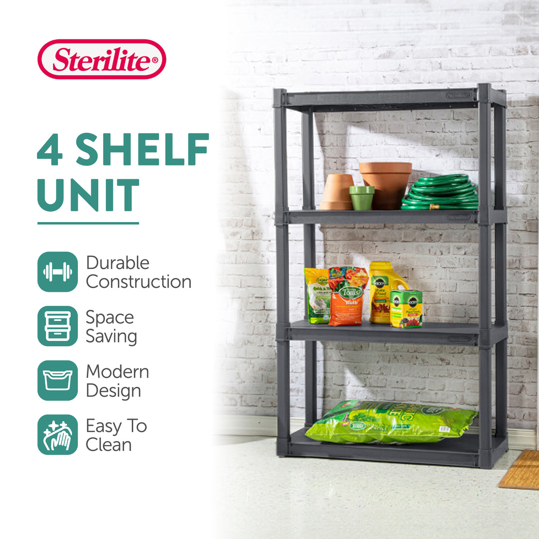 Sterilite 4 Shelf Unit Heavy Duty & Easy to Assemble Plastic Storage Unit, Gray