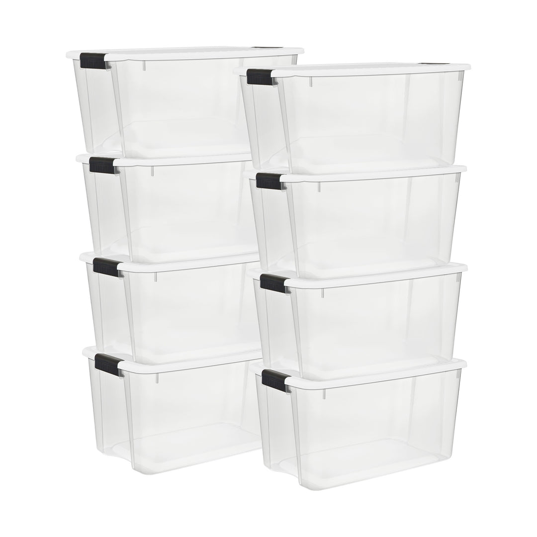 Sterilite 70 Qt Clear Plastic Stackable Storage Bin w/ White Latch Lid, (8 Pack)