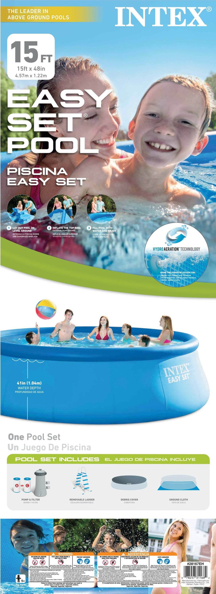 Intex 15ft x 48in Easy Swimming Pool Kit w/ 1000 GPH GFCI Filter Pump 26167EH