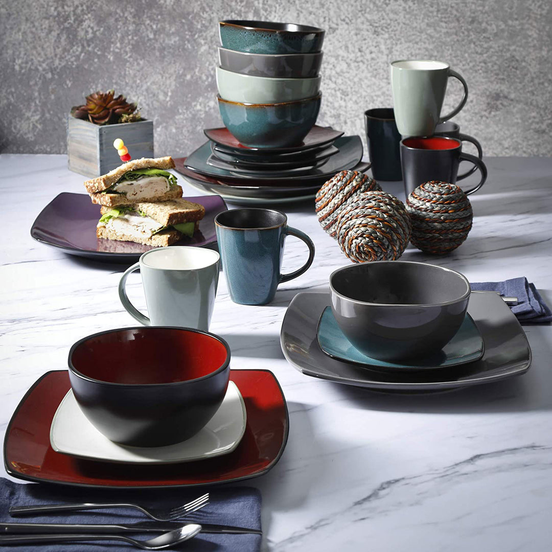Gibson Soho Lounge 16 Piece Red Glazed Dinnerware Plates, Bowls, & Mugs (2 Pack) - VMInnovations