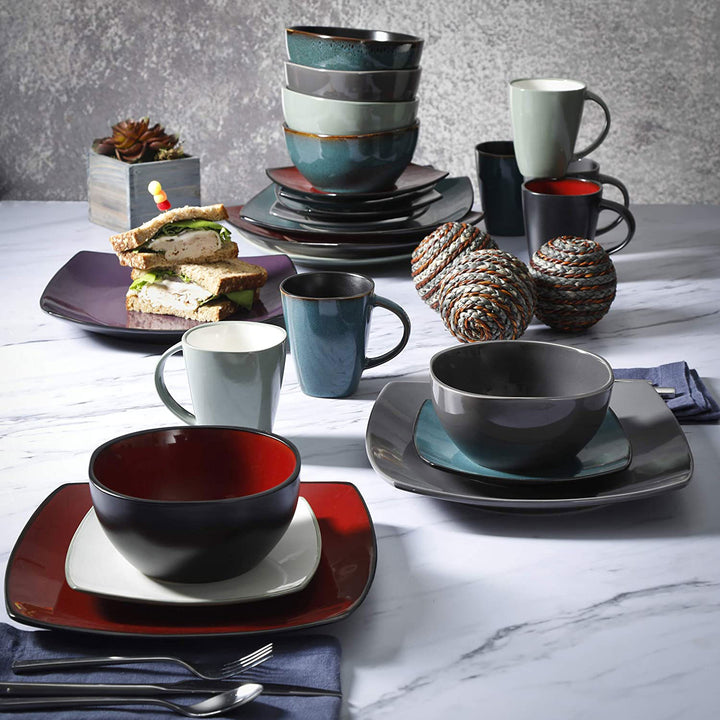 Gibson Soho Lounge 16 Piece Reactive Glaze Dinnerware Plates, Bowls, & Mugs, Red - VMInnovations