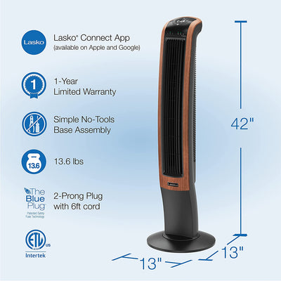 Lasko 42" Wind Curve Woodgrain Electric Slim Standing Tower Fan with Bluetooth - VMInnovations