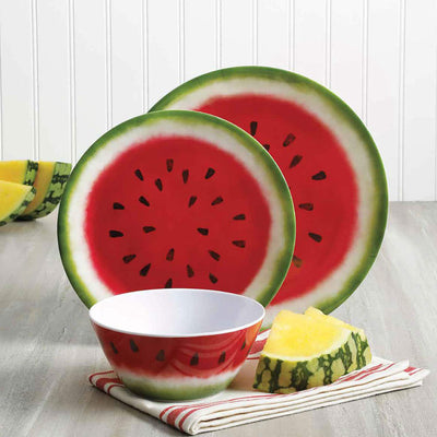 Gibson Home Melony Round 12 Pc Durable Melamine Dinnerware Set, Red Watermelon