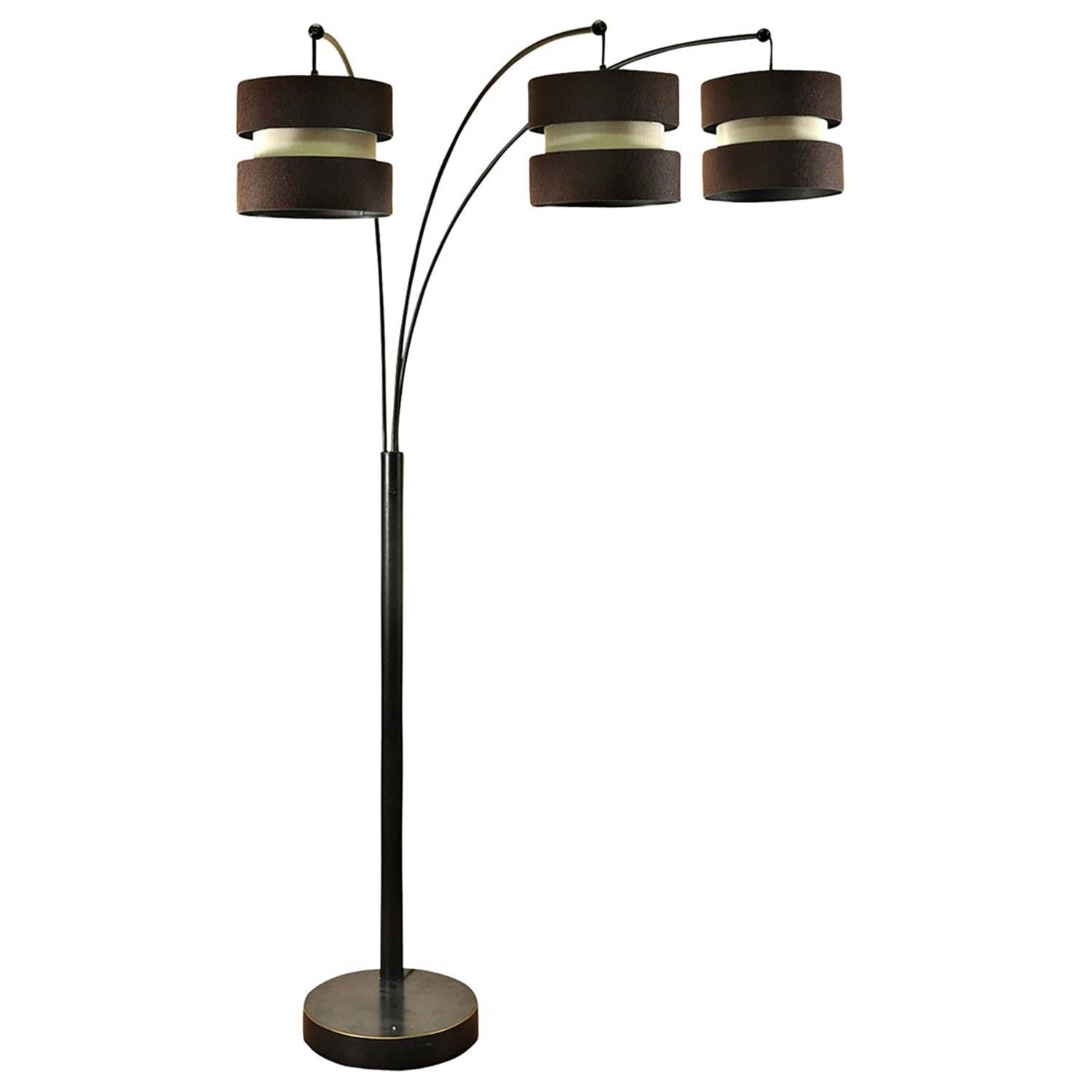 StyleCraft Modern Bronze 3 Arm Arc Floor Lamp with Brown Custom Shades (Used)
