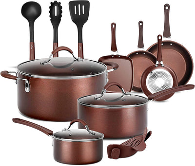 NutriChef Nonstick Cooking Kitchen Cookware Pots and Pans, 14 Piece Set, AGold - VMInnovations