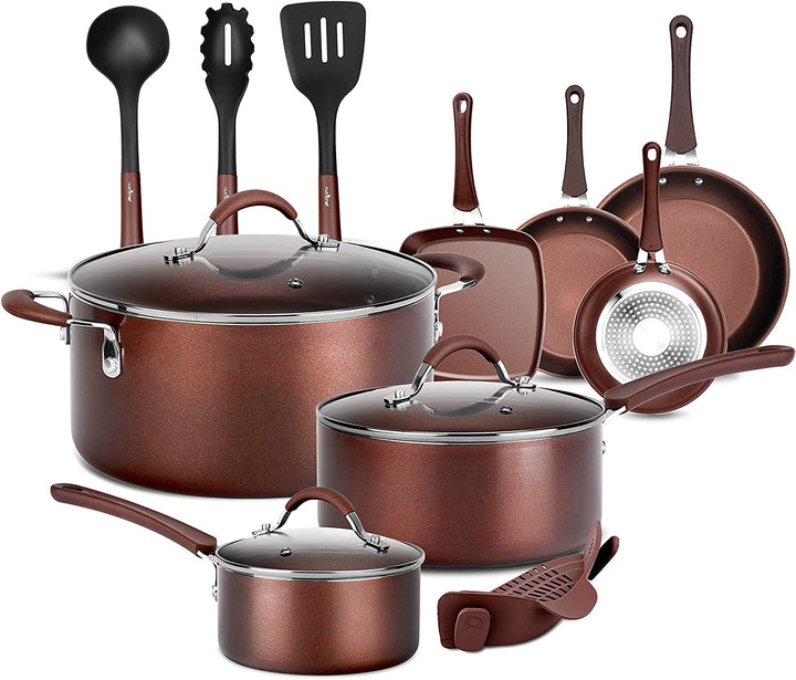 NutriChef Nonstick Cooking Kitchen Pots and Pans, 14 Piece Set, Bronze(Open Box) - VMInnovations