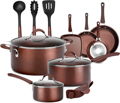 NutriChef Nonstick Cooking Kitchen Cookware Pots and Pans, 14 Piece Set, AGold