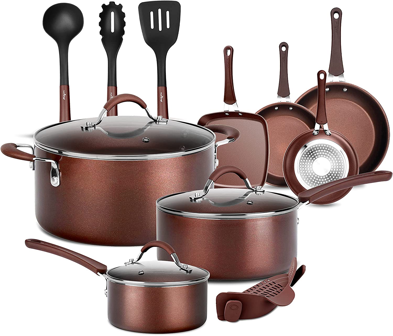 NutriChef Nonstick Cooking Kitchen Pots and Pans, 14 Piece Set, Bronze(Open Box) - VMInnovations