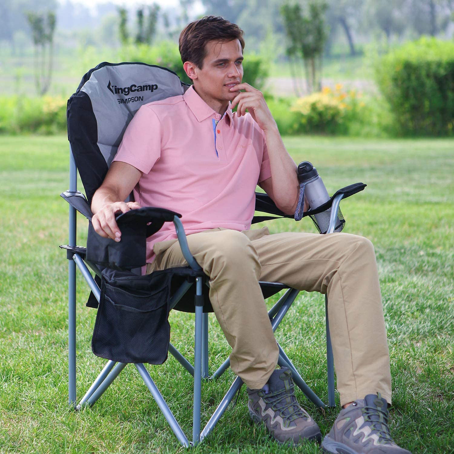 KingCamp Steel Padded Camping Folding Chair w/ Cooler Bag, Gray/Navy (Used)