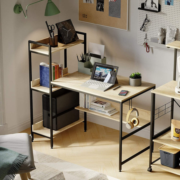 Bestier Computer Office Desk Workstation with Side Storage Shelves & Hook, Oak - VMInnovations