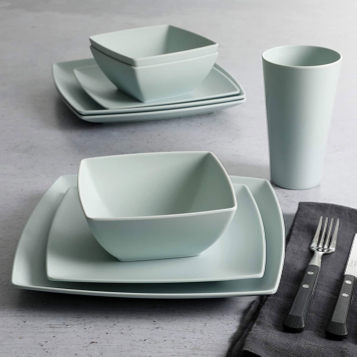 Gibson Home 16 Pc Melamine Dinnerware Set Plates, Bowls, & Cups, Mint (2 Pack) - VMInnovations