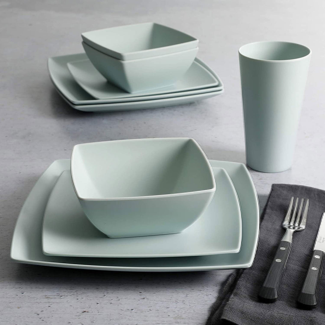 Gibson Home 16 Piece Square Set Plates, Bowls, & Cups, Mint (Open Box) (2 Pack) - VMInnovations