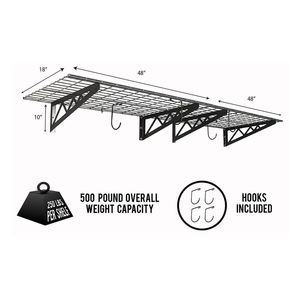 SafeRacks 18 x 48 Inch Garage Wall Shelf Two-Pack with Bike Tire Hooks, Gray - VMInnovations