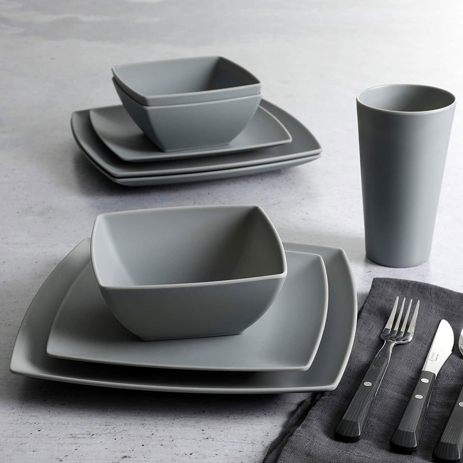 Gibson Home 16 Piece Square Dinnerware Set Plates, Bowls, & Cups, Grey (3 Pack)