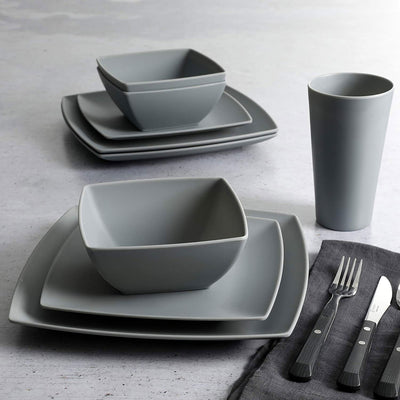 Gibson Home 16 Piece Modern Square Melamine Dinnerware Plate Set Grey (2 Pack)