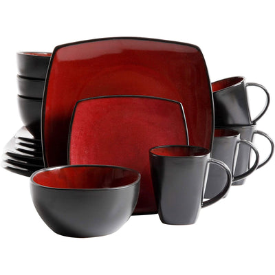 Gibson Soho Lounge 16 Piece Red Glazed Dinnerware Plates, Bowls, & Mugs (2 Pack)