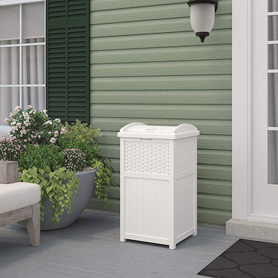 Suncast Wicker Resin Outdoor Hideaway Trash Can Bin with Latching Lid (2 Pack) - VMInnovations