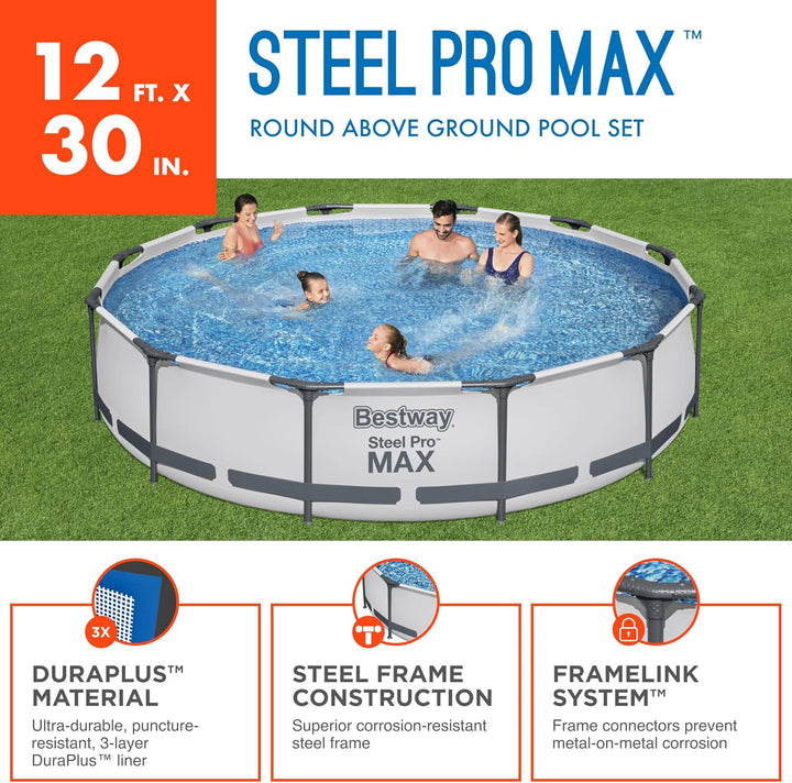 Bestway Steel Pro MAX 12 Foot by 30 Inch Above Ground Swimming Pool Set, Gray