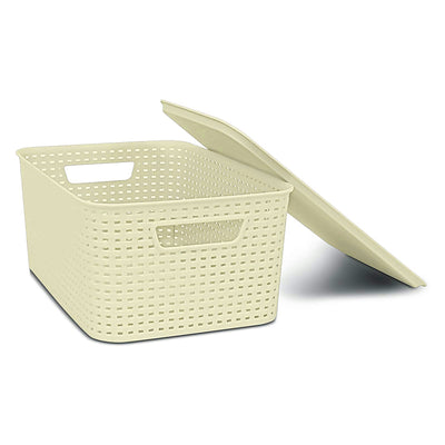 Homz Plastic Woven Storage Basket Bin with Matching Lid, Cream, Large (Open Box)
