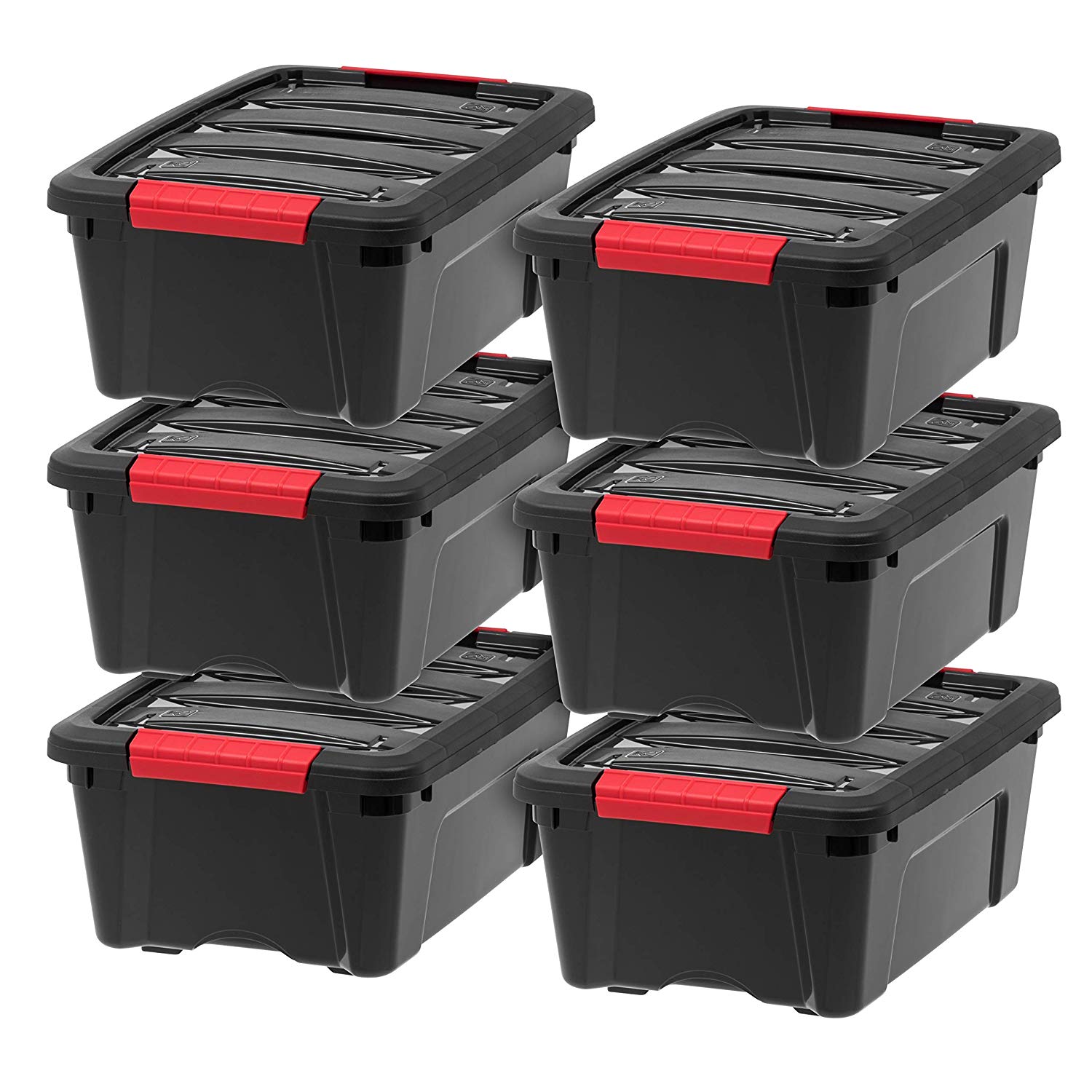 IRIS USA 12 Quart Hard Plastic Stack and Pull Closet Black Storage Box, 6 Pack
