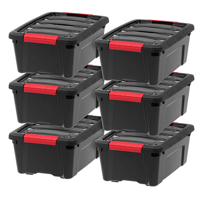 IRIS USA 12 Quart Hard Plastic Stack and Pull Closet Black Storage Box, 6 Pack