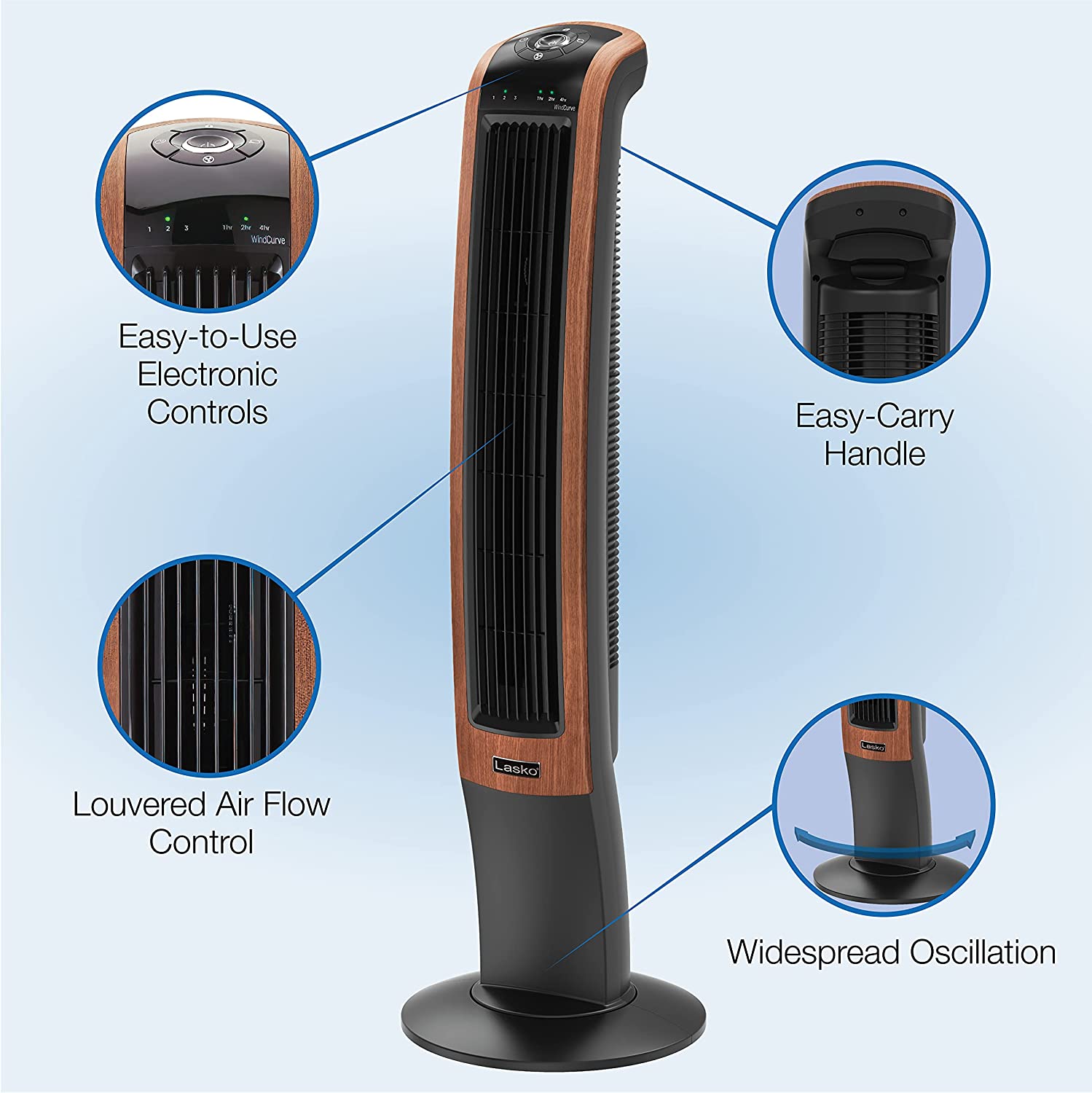 Lasko 42" Wind Curve Woodgrain Electric Slim Standing Tower Fan with Bluetooth - VMInnovations