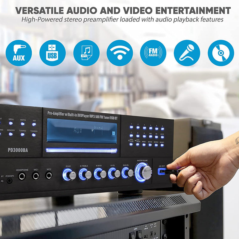 Pyle PD3000BA Home Theater Preamplifier Bluetooth Audio & Video Stereo Receiver