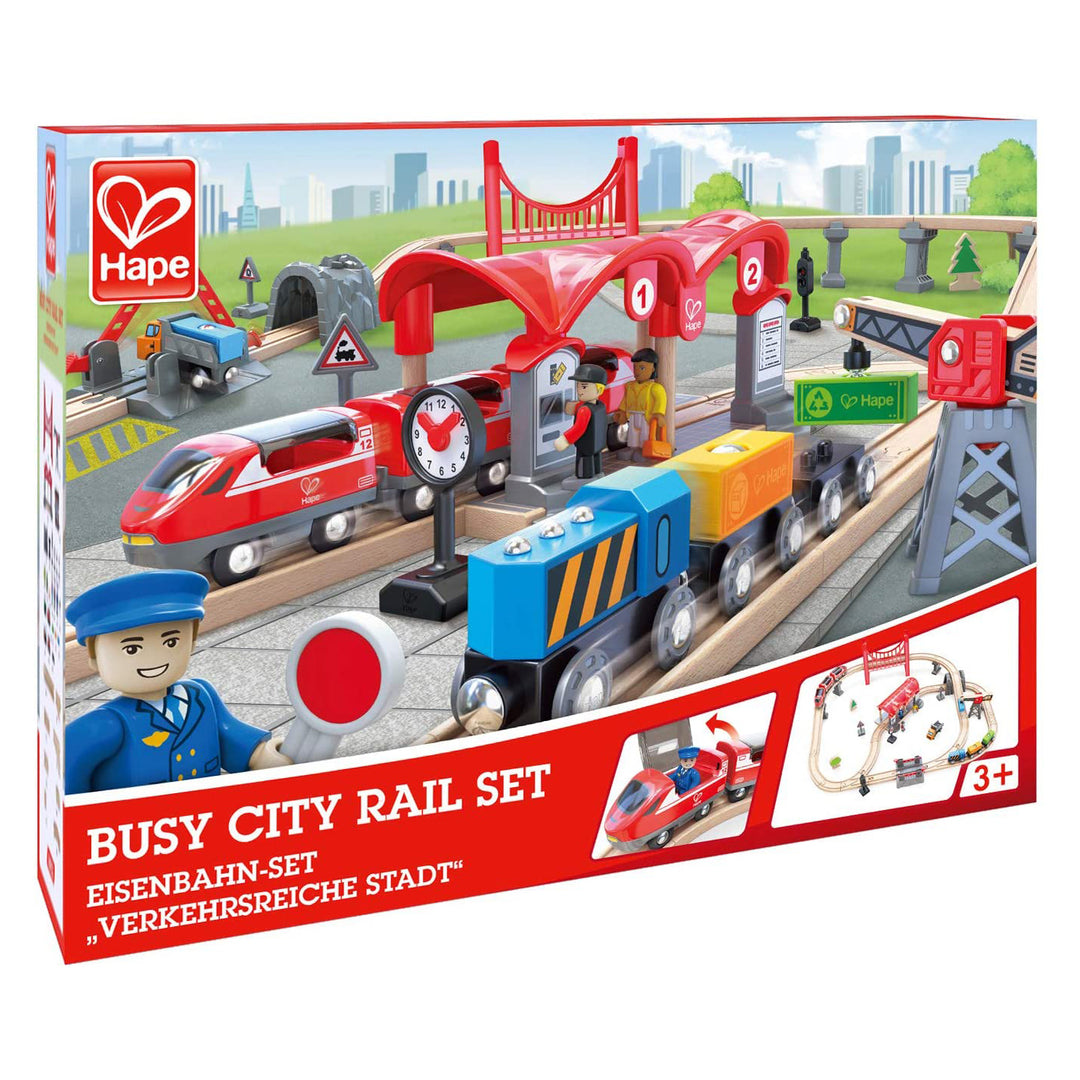 Hape Busy City Themed Magnetic Kids Freight Train Station Toy Set (Used)