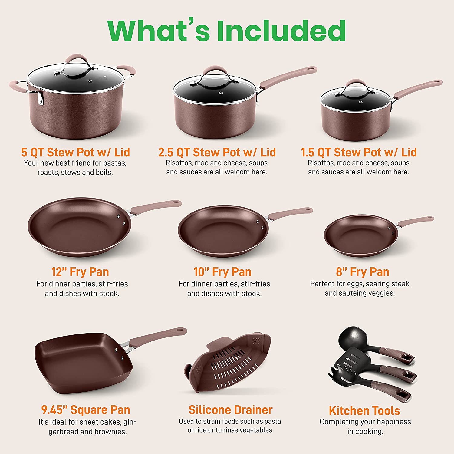 NutriChef Nonstick Cooking Cookware Pots and Pans, 14 Piece Set, AGold (Used) - VMInnovations