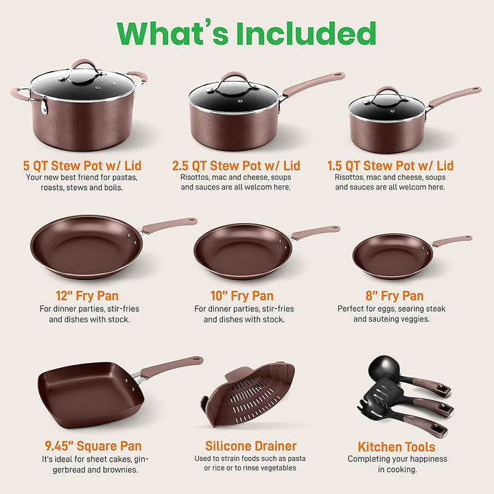 NutriChef Nonstick Cooking Kitchen Pots and Pans, 14 Piece Set, Bronze(Open Box)